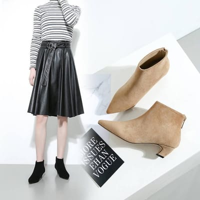 Sexy Pointy Toe Instappers Beknopte Enkellaarzen Vierkante Hak Kwaliteit Stretch Herfst Winter Dames Schoenen 34 beige