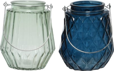 Set van 2x stuks theelichthouders/waxinelichthouders ruit/streep glas donkerblauw en mistgroen met metalen handvat 11 x 13 cm