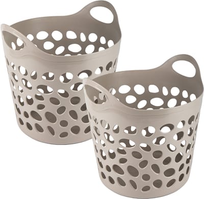 Plasticforte Flexibele wasmand/opbergmand - 2x - rond - beige - 62 liter - D40 x H39 cm