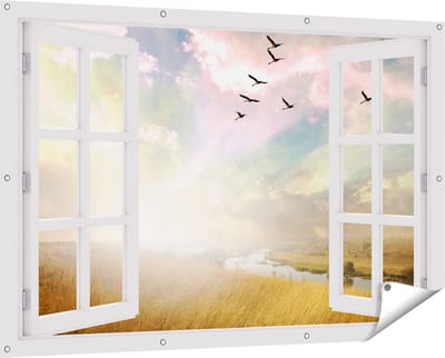 Gards Tuinposter Doorkijk Groep Vogels Vliegen Boven het Gras - 150x100 cm - Tuindoek - Tuindecoratie - Wanddecoratie buiten - Tuinschilderij