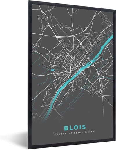 Fotolijst incl. Poster - Blois - Frankrijk - Plattegrond - Kaart - Stadskaart - 40x60 cm - Posterlijst