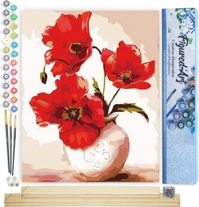 Figured'Art Schilderen op Nummer Volwassenen canvas Mooie klaprozen - Handwerk acrylverf Kit DIY Compleet - 40x50cm met DIY houten lijst