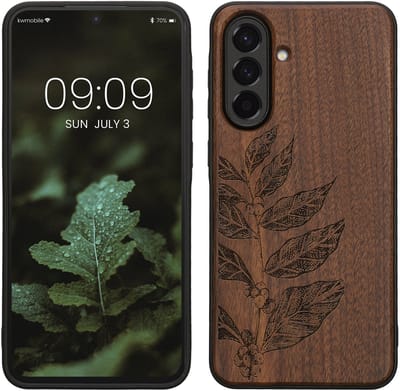 kwmobile telefoonhoesje geschikt voorSamsung Galaxy A56 5G - Hoesje met bumper - hout - In donkerbruin Bladertak design