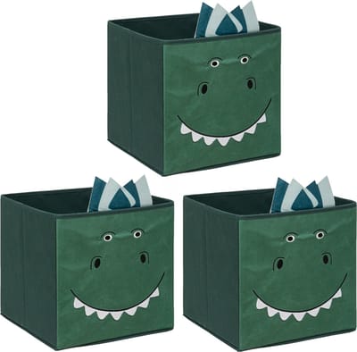Atmosphera Opbergmand/kastmand dino - 3x - voor kinderen - karton/kunststof - groen - 30 x 30 cm