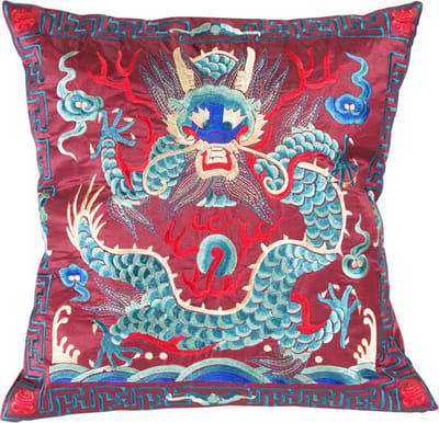 Fine Asianliving Kussenhoes Volledig Geborduurd Bordeaux Draak 45x45cm Zonder Vulling