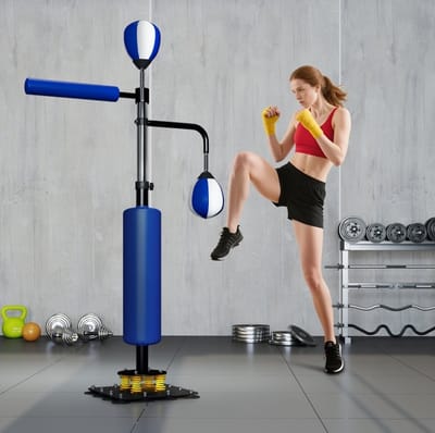 MEUNIQ boxstand met 2 speedballs en draaibare boksstang, kickpad, in hoogte verstelbaar 140-205 cm, stalen bokstrainer voor reflex- en coördinatietraining, blauw