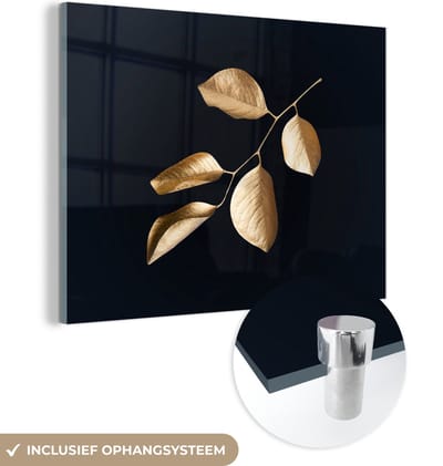 MuchoWow® Glasschilderij 160x120 cm - Schilderij acrylglas - Bladeren - Tak - Goud - Luxe - Foto op glas - Schilderijen