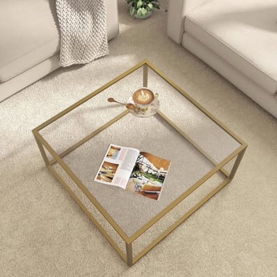 Glazen Salontafel - Midden Tafel - Woonkamer Inrichten - Explosieveilig Glas - 68 x 68 x 45 cm - Brons Goud