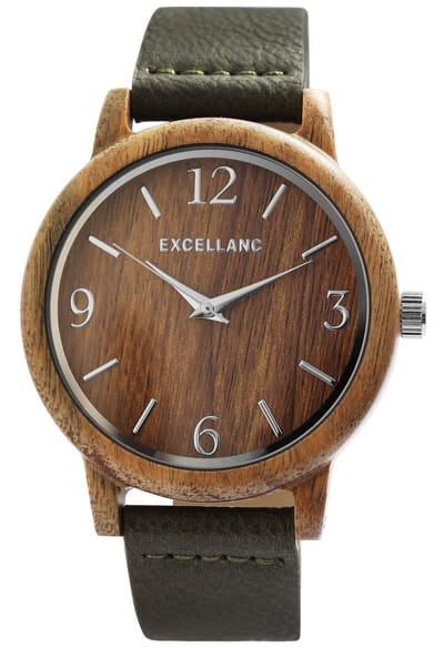 EXCELLANC Herenhorloge-houten horloge-bruin lederen band-hoog draagcomfort-diameter 44