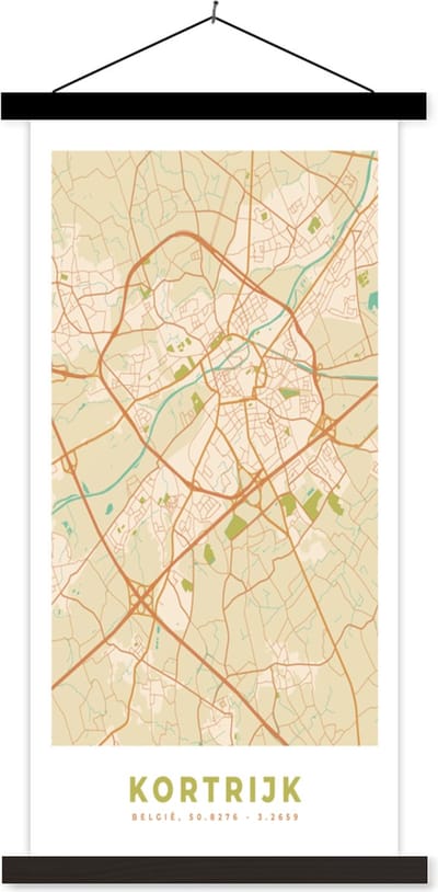 Posterhanger incl. Poster 40x80 cm - Schoolplaat - België - Plattegrond - Stadskaart - Kaart - Kortrijk - Textielposter - Zwarte latten - Stadskaart