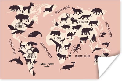 Poster 30x20 cm - Wereldkaart - Roze - Dieren - Posters - Kamer decoratie - Wanddecoratie woonkamer - Muurdecoratie slaapkamer