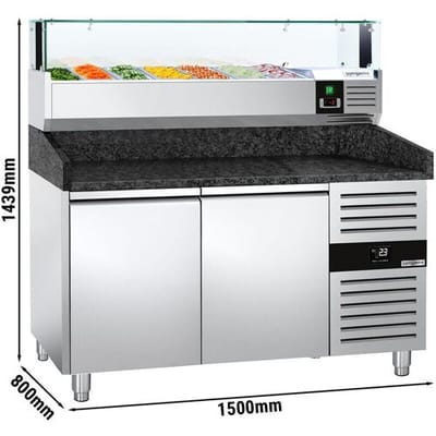 GGM Gastro Pizzakühltisch PREMIUM - 1500x800mm - mit 2 Türen - inkl. Kühlaufsatzvitrine LED - 7x GN 1/4 Zilver
