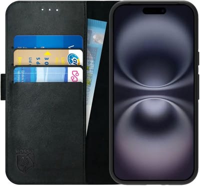 Rosso Deluxe Echt Leer Hoesje Geschikt voor Apple iPhone 16 | Ruimte voor drie pasjes | Portemonnee Book Case | Met Pasjeshouder | Zwart
