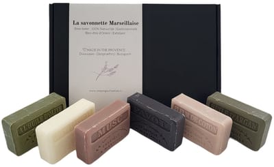Savon de Marseille zeep geschenkset Musc, Fleur de coton, chevrefeuille, Pavot, Huile d'argan, Huile d'olive 6x125 gr. - vaderdag - papa - cadeau mannen - giftset mannen - vaderdag geschenk
