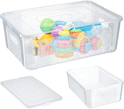 KADAX Rechthoekige opbergdoos met deksel, opbergcontainer, stapelcontainer, plastic doos, kunststof doos, ruimtebesparende opbergdoos (11 l, transparant)