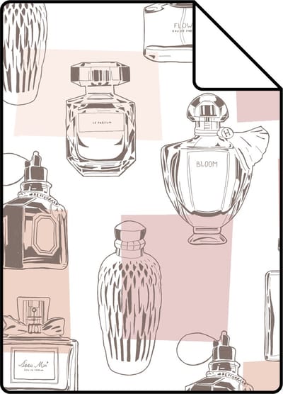 Proefstaal ESTAhome behang parfum flesjes glanzend perzik roze - 26.5 x 21 cm - 138854-S