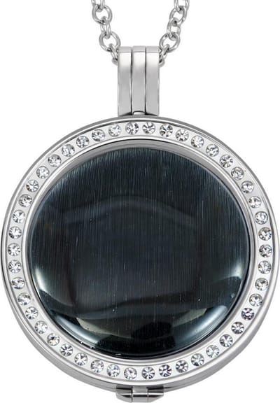 Quiges - Munthouder met Ketting en Munt 33mm Cat's Eye Zwart - RVS Zilverkleurig met Zirkonia - ERHS1125