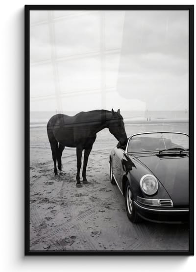 Poster in lijst - Fotolijst 80x120 cm - Posters - Paard - Auto - Zwart - Wit - Posterlijst zwart - Decoratie - Wanddecoratie woonkamer - Muurdecoratie slaapkamer