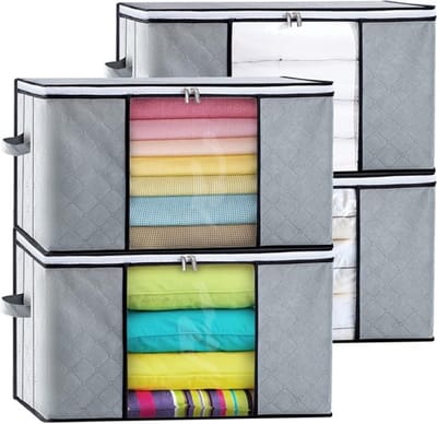 4-delige Opbergset van 90 Liter, Vouwbare Opbergdozen met Deksel, Verstevigde Handgrepen en Rits, Ideaal voor Duvets, Kussens en Kleding, Grijs