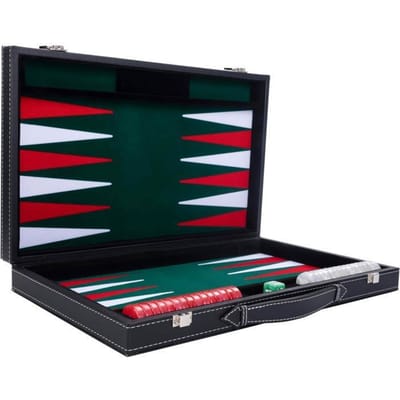 Backgammon 15 inch - Groen, Rood & Wit Ingelegd Bord - Luxe Kunststof Koffer met Handvat - Engelhart