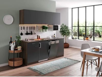 Goedkope keuken 195  cm - complete keuken met apparatuur Oliver  - Donker eiken/Grijs   - keramische kookplaat - vaatwasser     - magnetron  - spoelbak