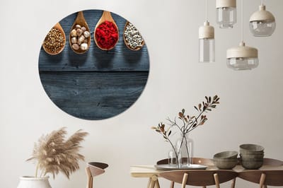 WallCircle® Wandcirkel 120x120 cm - Muurcirkel Kruiden - Lepels - Hout - Keuken - Specerijen - Industrieel - Muurdecoratie woonkamer - Wanddecoratie slaapkamer - Kamer decoratie accessoires - Ronde schilderijen XXL