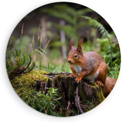 Saammp Muurcirkel Hout - Eekhoorn in het bos - Landschap - Bloemen - Natuur - Ø 90 - Wandcirkel - Wanddecoratie Cirkel - Muurdecoratie Woonkamer - Slaapkamer decoratie - Rond Schilderij