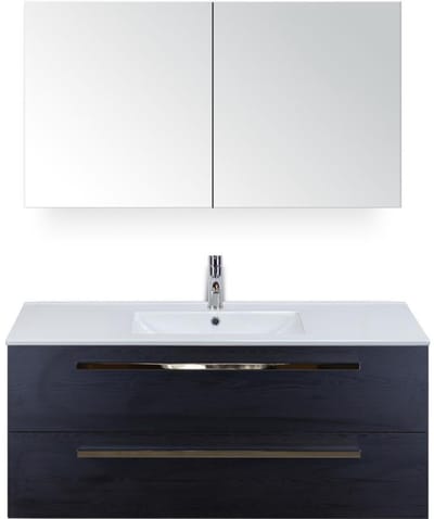 Seville Badmeubelset 120 cm - 2 Laden Black Oak - Wastafel Enjoy Enkel met Spiegelkast