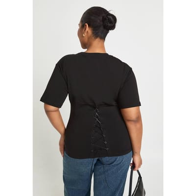 boohoo Dames Plus top met korsetdetail en ronde hals | Zwart | Maat: 44