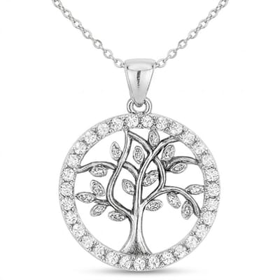 Zilverkleurige ketting voor dames – levensboom hanger met glinsterende rand – elegante ronde hanger aan fijne schakel ketting