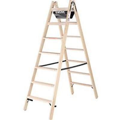 Munk® houten trap, naaldhout/beuken, 80 mm geribbeld, hoefijzerscharnieren, 150 kg, emmerhaak, textiel gordelspreider veiligheidsvoorziening, 14 treden