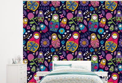 Behang - Fotobehang Matroesjka - Rusland - Bloemen - Breedte 300 cm x hoogte 240 cm