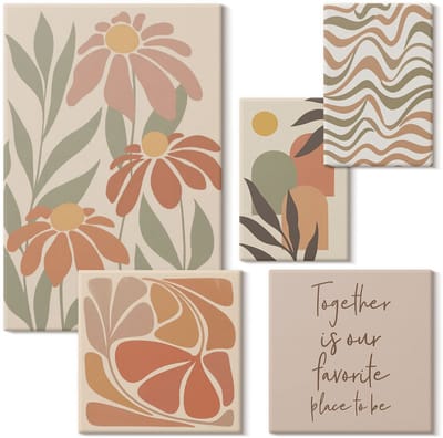 Wallfluent Set van canvas schilderijen - Stijlvolle decoraties in tinten van natuur en bloemen Canvas Schilderijen Set - Set van 5 Canvas Schilderijen - Oranje Set van Canvas Prints - Categorie: Abstractie Canvas Kunst Set - Boheemse Canvas Kunst Set