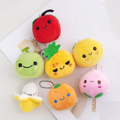 50 stuks/partij 6 cm Schattig Fruit Appel Sinaasappel Perzik Pluche Speelgoed sleutelhanger Banaan Gevuld Hanger Sleutelhanger Cadeaus voor KINDEREN