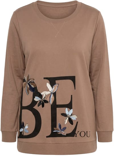 Ulla Popken - Dames - Sweatshirt bloemenborduursel ronde hals korte mouw - Karamel - Maat 42+