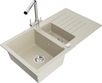 Mexen Matias granieten gootsteen 1,5-komor met afdruiprek en keukenkraan Duero, beige - 6502-69-671600-00