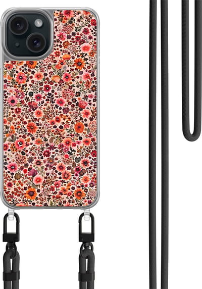 Hoesje met koord geschikt voor iPhone 14 - Vintage floral - Inclusief zwart koord - Crossbody beschermhoes - Transparant, Roze - Mooie Telefoonhoesjes