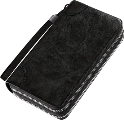 Heren Clutch Portemonnee van Kunstleer – Grote Rits Wallet, Polsbandje, Kaart Portemonnee, Telefoonhouder en Business Handtas voor Mannen - Zwart