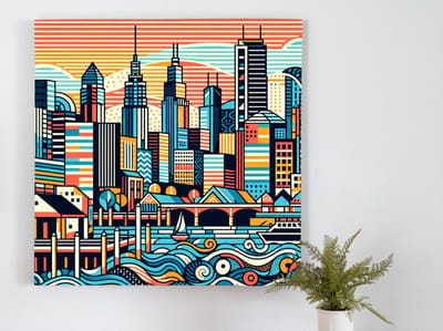Pop art haven schilderij | Havens van Pop Art: een kunstwerk vol levendige kleuren | Kunst - 60x60 centimeter op Forex | Foto op Forex