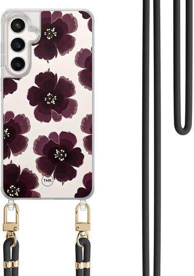 Telefoonhoesje met koord geschikt voor Samsung S24 FE - Burgundy flowers - Inclusief Zwart koord - Transparant, Paars - Bloemen - Crossbody beschermhoes - Met Telefoonketting