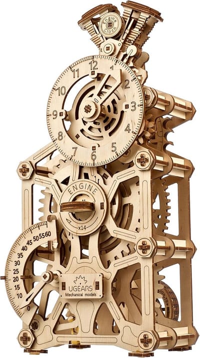 Houten 3D Motor Klok - Mechanisch Bouwpakket voor Volwassenen - Functioneel DIY Houten Klok Model