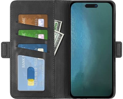 PU Lederen Wallet Case Hoesje geschikt voor iPhone 16 Pro - zwart- Magnetische sluiting - Luxe Hoes - Scherm dekkend - Pasjeshouder - Contant geld - Cash - Pasjes