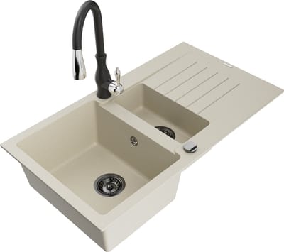 Mexen Matias granieten spoelbak 1,5-kamer met druiprek en keukenmengkraan Savita, beige - 6502-69-672601-70