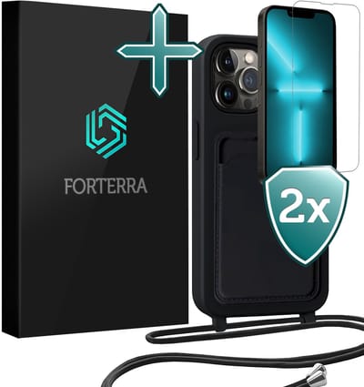 Hoesje Geschikt voor iPhone 13 Pro Pashouder Case Siliconen Hoes Met Koord Met 2x Screenprotector - Hoes Geschikt voor iPhone 13 Pro Met Telefoonkoord Hoesje Back Cover Met Pasjeshouder - Zwart