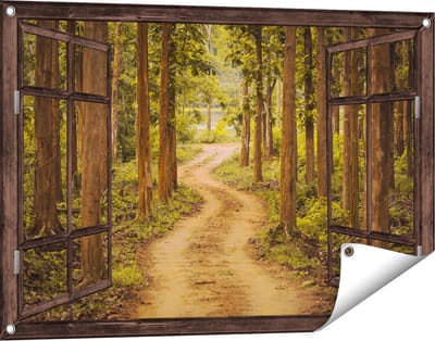 Gards Tuinposter Doorkijk Pad in het Bos met Bomen - 90x60 cm - Tuindoek - Tuindecoratie - Wanddecoratie buiten - Tuinschilderij