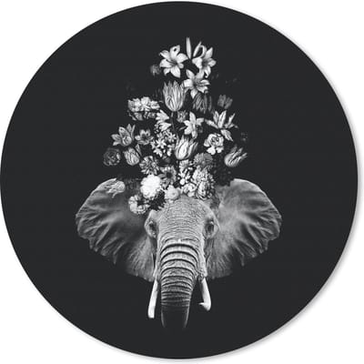 Muismat rond 20x20 cm - Mousepad Olifant - Bloemen - Zwart - Wit - Ronde muismatten