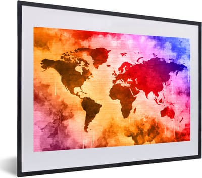 Poster in lijst - Fotolijst 60x40 cm - Posters - Wereldkaart - Kleur - Abstract - Posterlijst zwart - Decoratie - Wanddecoratie woonkamer - Muurdecoratie slaapkamer