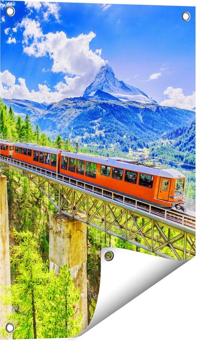 Gards Tuinposter Trein op een Brug bij een Waterval in Zwitserland - 40x60 cm - Tuindoek - Tuindecoratie - Wanddecoratie buiten - Tuinschilderij