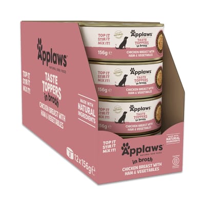 12x 156g Applaws Taste Toppers Natural in bouillon Kip met Ham nat hondenvoer