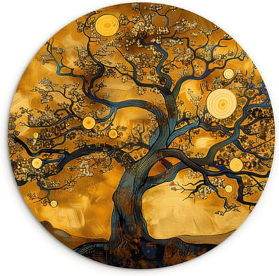 WallCircle® Wandcirkel 120x120 cm - Muurcirkel Boom - Levensboom - Abstract - Goud - Herfst - Kunst - Illustratie - Muurdecoratie cirkel woonkamer - Wanddecoratie slaapkamer - Kamer decoratie accessoires - Ronde schilderijen binnen